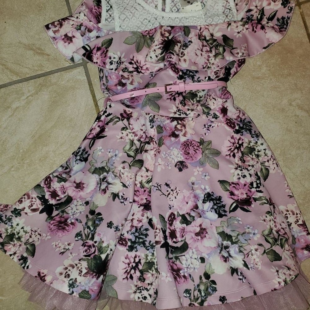 Girls Beutees Floral Dress With Belt Size 8 New Pink Flowers